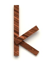 Small letter k made of several separate wooden pieces lying on top of each other with 3D effect and shadows on white background, 3d rendering