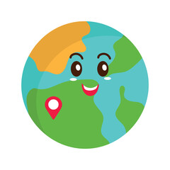 Obraz premium Cheerful Earth Globe Cartoon With Map Pin Over White Background.