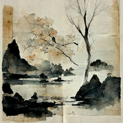 Zen painting style paper background illustrations
