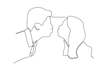 Continuous line drawing of a Happy couple near to kiss. Vector illustration isolated