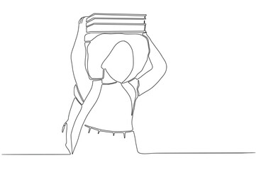 Continuous Line drawing of A lovely little girl having fun holding her lesson books on her head with bag pack. Education, Smart kids, Child development, Kids Intelligence,' Back to school' vector