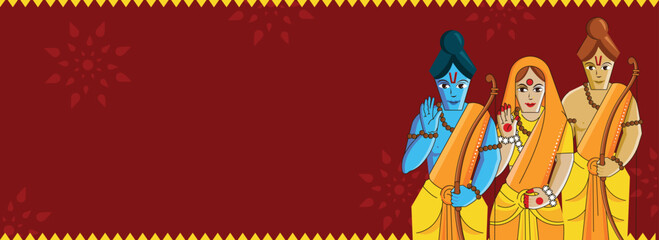 Hindu Mythology Lord Rama With His Wife, Brother Lakshman Character And Copy Space On Red Background.