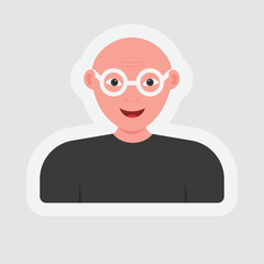 Sticker Style Bald Man Wearing Eyeglasses On Gray Background.