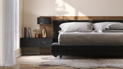 Realistic 3D render modern black bed with gray bedding set, pillows, teakwood bed board and bedside table. Morning sunlight from window, leaves shadow on beige wall, Parquet floor. Home, Apartment.