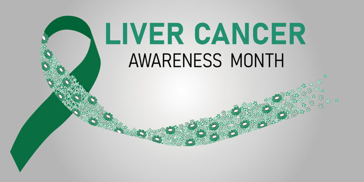 Liver Cancer awareness month. Horizontal illustration of ribbon with flowers