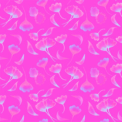 Floral seamless pattern with gimkgo leaves on bright pink background. Hand drawn digital paper with light blue ginkgo leaves. Abstract foliage pattern background.