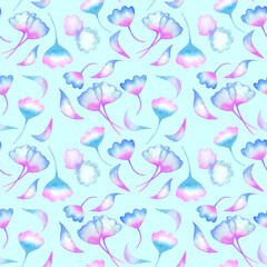 Floral seamless pattern with gimkgo leaves on light blue background. Hand drawn digital paper with pink and blue ginkgo leaves. Abstract foliage pattern background.
