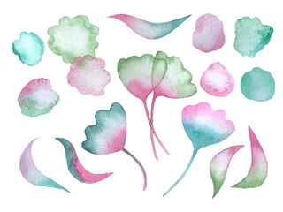 Floral watercolor clipart with gimkgo leaves on white background. Hand drawn pink and green ginkgo leaves. Abstract foliage background.