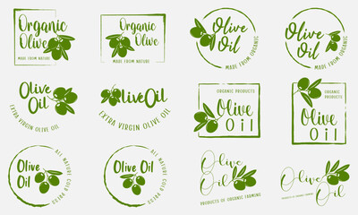 organic and natural products for olive oil sign, labels, stickers, badges and logo.