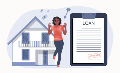 A woman rejoices at the approval of a house loan. Vector illustration.