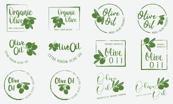organic and natural products for olive oil sign, labels, stickers, badges and logo.