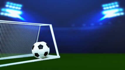 Fototapeta premium 3D Render Of Soccer Ball With Goal Net On Blue And Green Stadium Background.