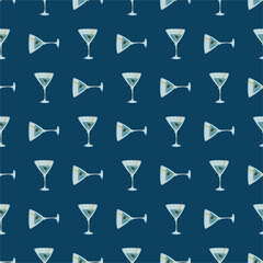 Martini glass with olive and skewer seamless pattern. Doodle style. Color hand drawn image. Repeat template. Party drinks concept. Freehand drawing. Cartoon sketch graphic draft