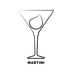 Glass martini with a drop of drink inside. Contour line art in flat style. Restaurant alcoholic illustration for celebration design. Beverage outline icon with text. Isolated on white background