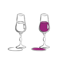Two types liquor glass. Drink element. Black white and color object. Wineglass beverage. Hand draw icon. Restaurant illustration. Simple sketch. Isolated on white background in engraving style