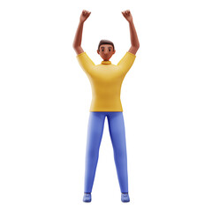 3D Young Man Raising Hands On White Background.