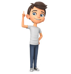 Cartoon boy character pointing his finger up. 3d rendering.