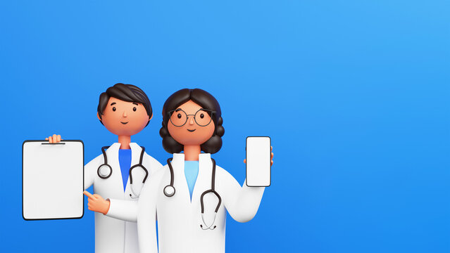 3D Render Of Male And Female Doctor Showing Blank Clipboard, Smartphone On Blue Background With Copy Space.