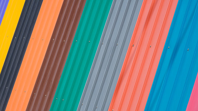 Diagonal Pattern Background Of Multicolored Corrugated Metal Sheets For Roofing On Display Stand