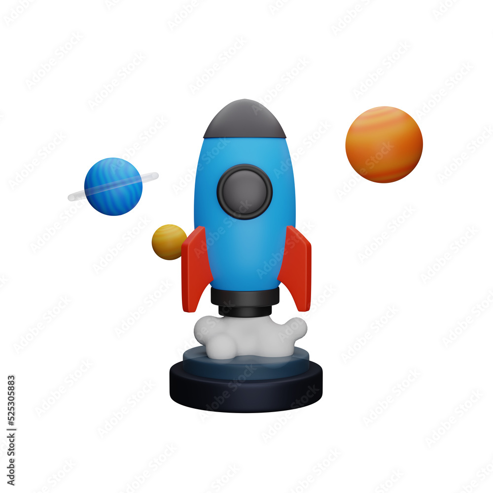 Aufkleber 3d rendering of rocket launch and universe space on white background.