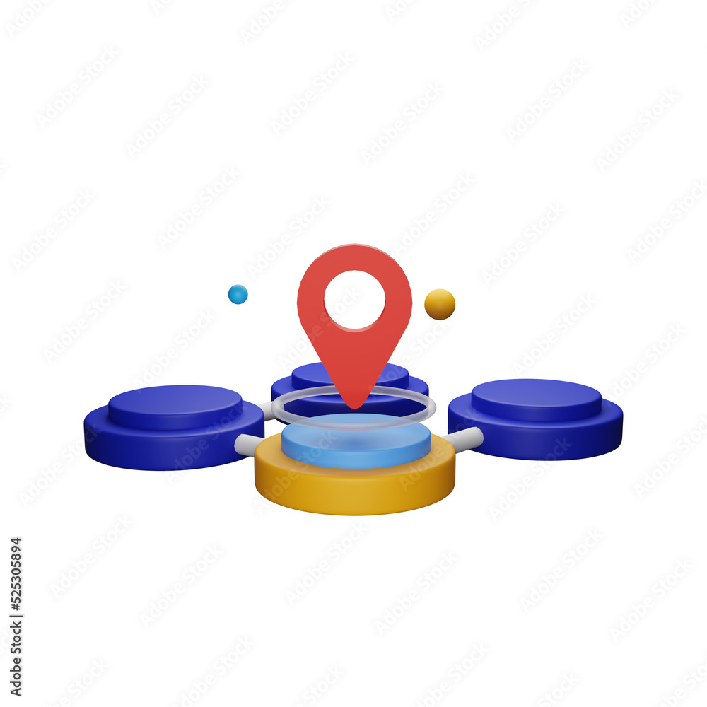 Poster 3d rendering of location pin over connected podium or blockchain on white background.