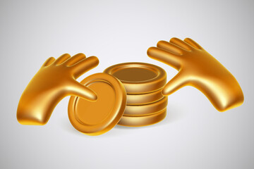 Golden 3D cartoon human hands count golden cash money. Stack of gold coins: bank deposit, finance income and business profit, paying cash concept. Cartoon style 3D icon, EPS10 vector illustration.