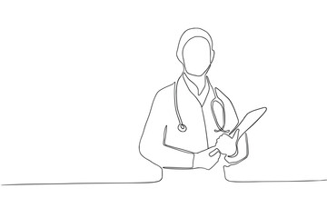Line drawing of female health worker, Doctor isolated on white background, vector of doctor standing line art