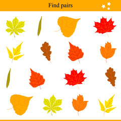Find pairs for leaves. Children's educational game. Vector illustration