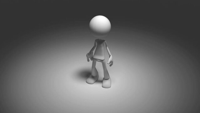 Figure white in darkness spotlight camera closing in slowly from above, 3d animation
