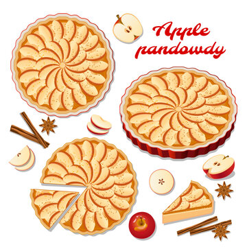 An apple pie isolated drawing of on a white background, a piece of apple pie, red apples, cinnamon. Vector image. 