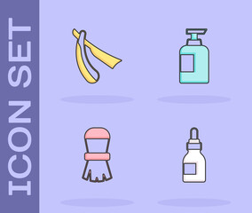 Set Oil bottle, Straight razor, Shaving brush and Bottle of shampoo icon. Vector