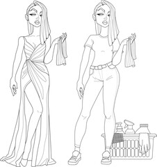 Cartoon mean girl in evening dress and basic clothes with cleaning supplies sketch template set. Graphic vector illustration in black and white for games. Coloring paper, page, book, print