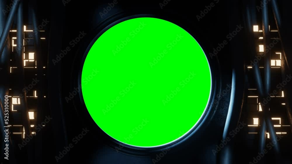 Wall mural view of a round window with green screen background seen from inside a spaceship or sci-fi environme
