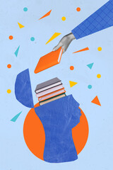 Collage 3d image of pinup pop retro sketch of arm palm putting books inside drawing open head...