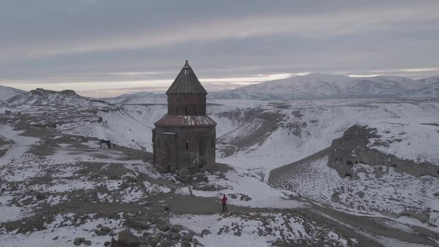 Drone view of Ani Ruins in Kars T&uuml;rkiye at winter near Armenia border.