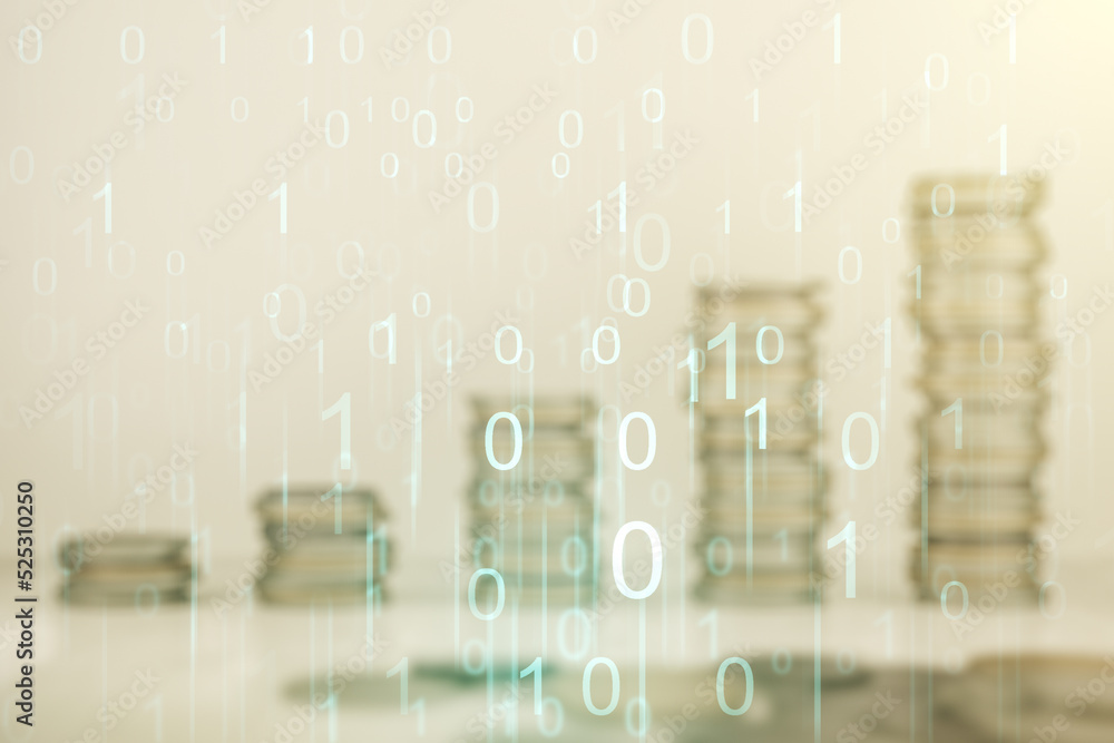 Poster abstract virtual binary code hologram on coins background, ai and machine learning concept. multiexp