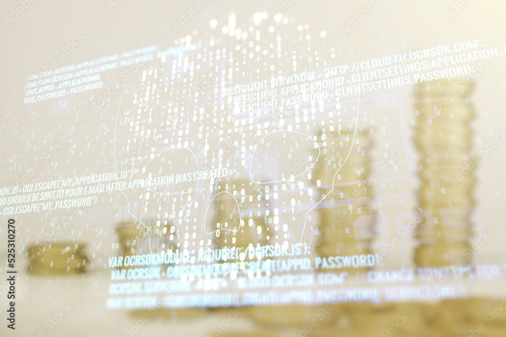 Poster Abstract virtual code skull illustration on stacks of coins background. Hacking and phishing concept. Multiexposure