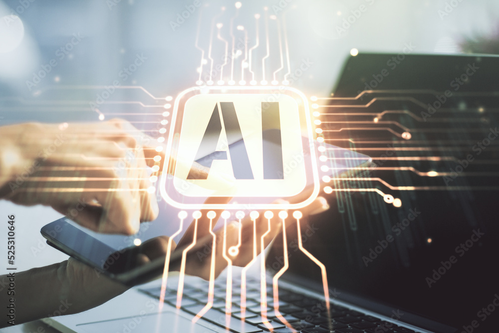 Aufkleber creative artificial intelligence symbol concept with finger clicks on a digital tablet on background