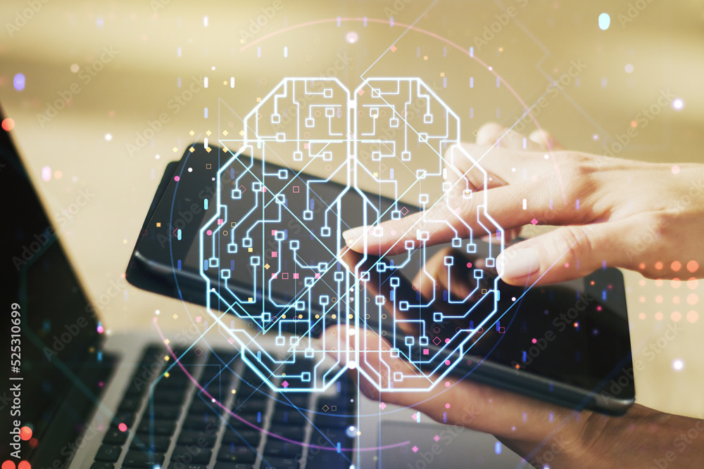 Poster double exposure of creative artificial intelligence symbol with finger clicks on a digital tablet on
