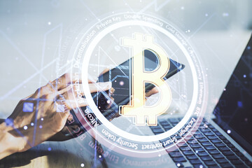 Double exposure of creative Bitcoin symbol with finger clicks on a digital tablet on background. Cryptocurrency concept