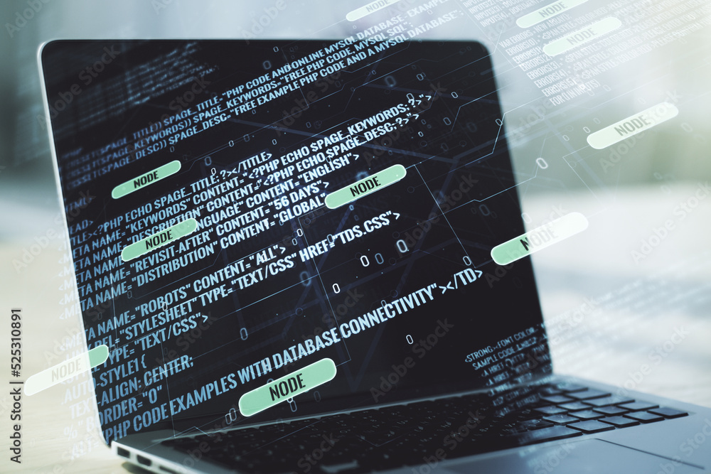 Poster double exposure of abstract creative programming illustration on computer background, big data and b