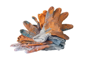 Used dirty gloves for painting work on a white background.
