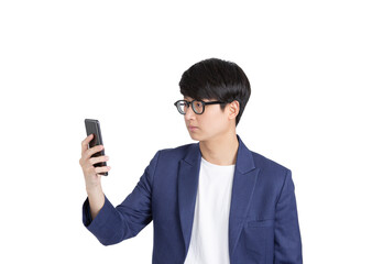 Young adult business man in glasses looking at mobile phone on transparent as png