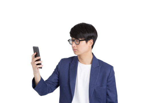 Young adult business man in glasses looking at mobile phone on transparent as png
