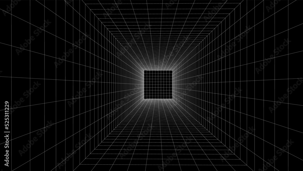 Poster empty futuristic 3d wireframe room. vector perspective grid. cyberspace background. box with digital