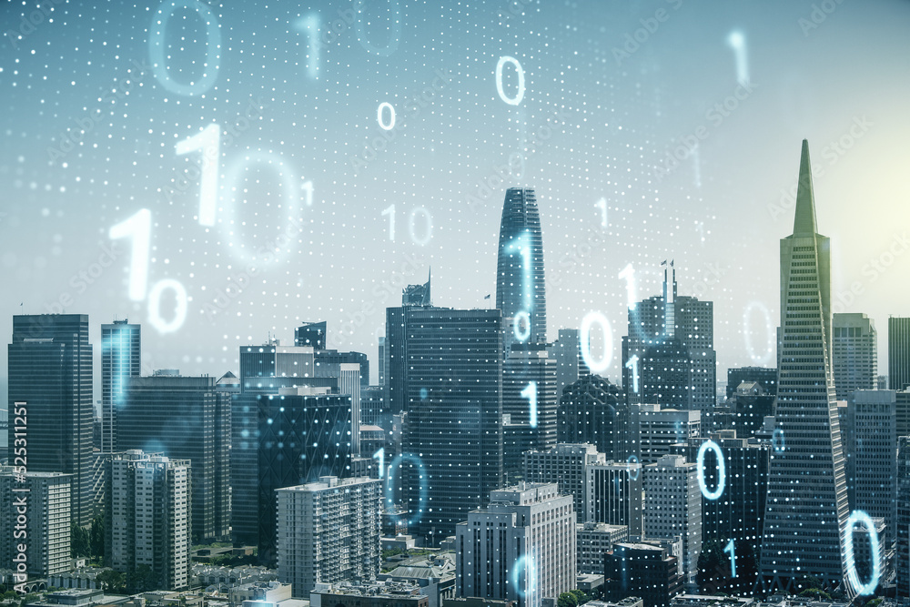 Poster double exposure of abstract virtual binary code hologram on san francisco city skyscrapers backgroun