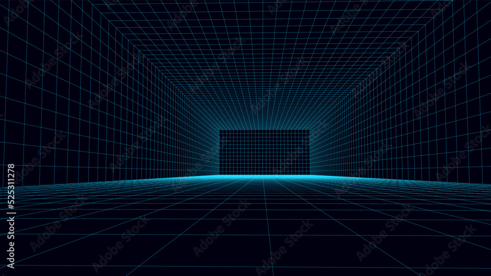 Poster empty futuristic 3d wireframe room. vector perspective grid. cyberspace background. box with digital