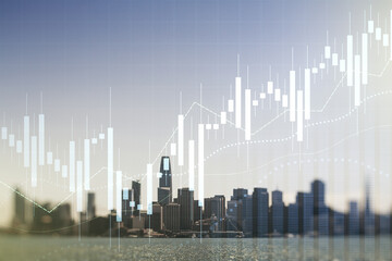 Abstract virtual financial graph hologram on San Francisco cityscape background, financial and trading concept. Multiexposure