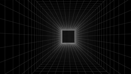 Empty futuristic 3D wireframe room. Vector perspective grid. Cyberspace background. Box with digital space in virtual reality.