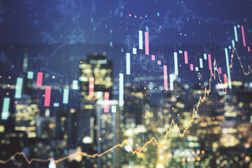 Multi exposure of virtual abstract financial graph hologram and world map on blurry skyscrapers background, financial and trading concept